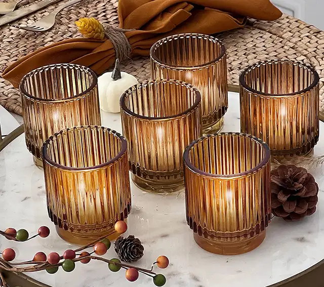 Vintage Ribbed Amber Glass Votive Candle Holders