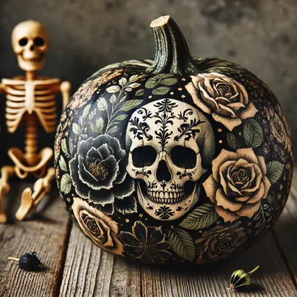  A pumpkin featuring a mix of dark floral patterns and skeleton motifs
