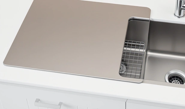 stainless steel cutting board by the kitchen sink